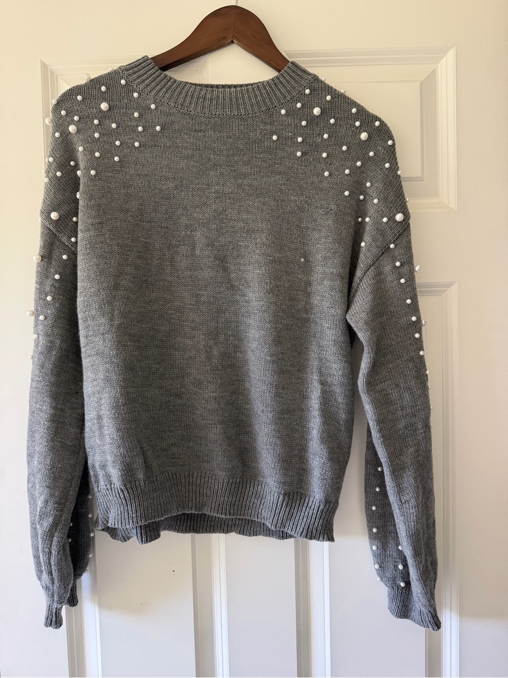 Pearl-Accent Gray Crewneck Sweater
